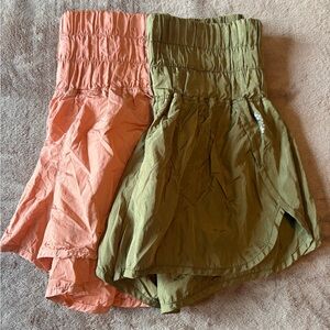 Smocked High-Waist Women’s Shorts — Olive Green & Peach (2-Pack)